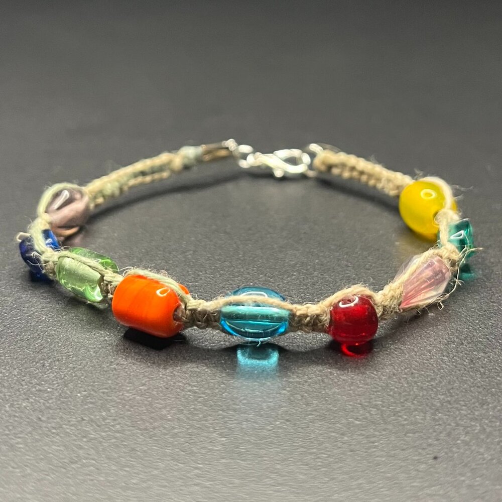 Braided Hemp Bracelet | Glass Beads | Handmade | Rainbow